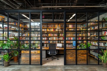 Obraz premium Modern industrial office with glass partition showcasing a well-stocked library and plants, creating a productive and inspiring workspace.
