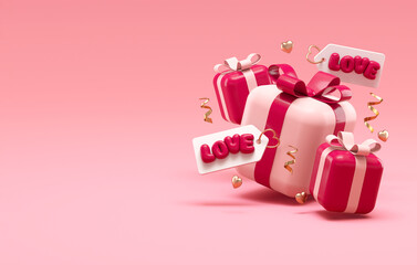 Valentines Day sale promotion flyer background template with gift boxes and love tags on a pink scene and copy space in 3D illustration. Promotional marketing discount and shopping concept
