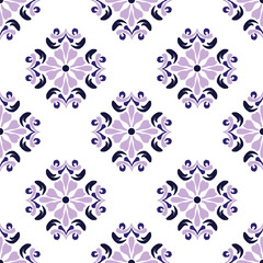 Ikat seamless pattern, purple and blue Turkish ornament. Moroccan tile mosaic. Ceramic tableware, folk print. Spanish pottery. Ethnic background. Mediterranean seamless wallpaper.