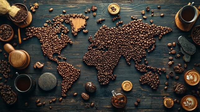 World map made by coffee beans in wooden table 