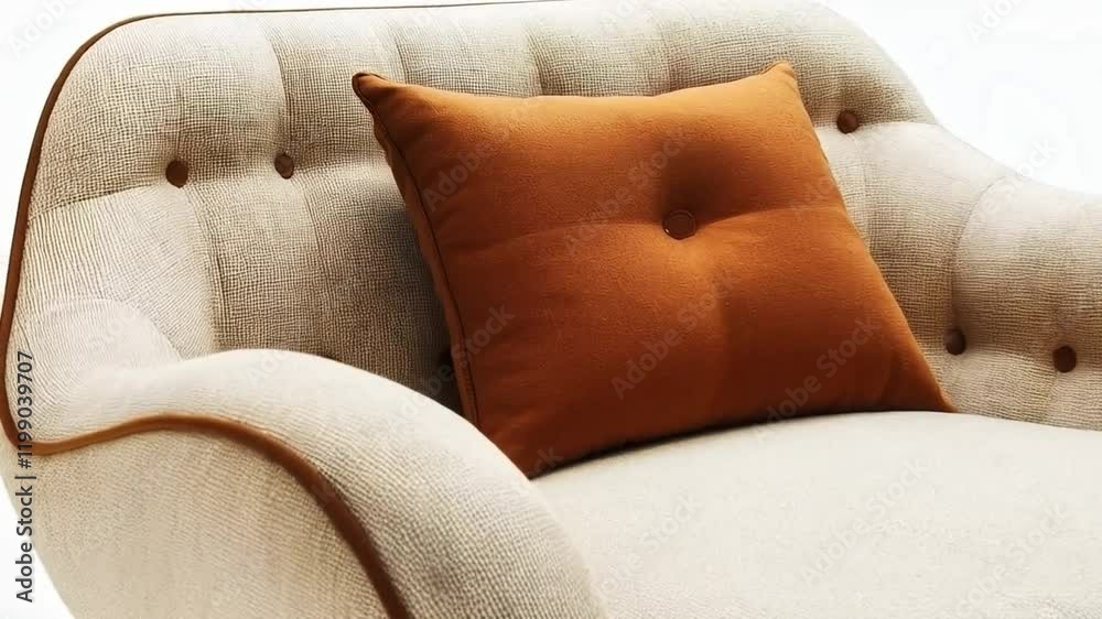 Poster A stylish cream armchair featuring a soft, rounded shape and tufted detailing. It is complemented by a contrasting brown cushion, set against a clean, white backdrop enhancing its modern aesthetic.