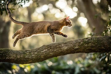 Obraz premium Vibrant Abyssinian cat leaping in nature with soft lighting