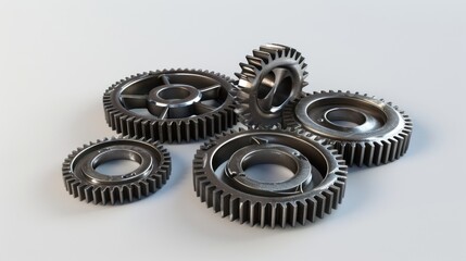 A 3D animation of metallic gears spinning smoothly in sync, set against a white background, showcasing clean, uncluttered motion.