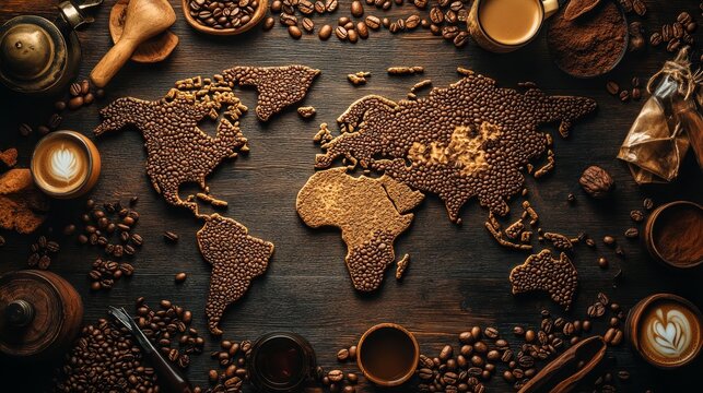 World map made by coffee beans in wooden table 
