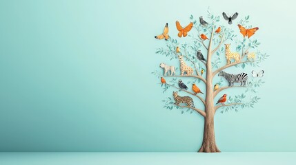 Diverse animals forming a tree shape to symbolize ecological harmony