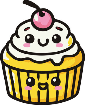 Naklejki Adorable cute cartoon food stickers, an ice cream cup and cone with a face, a cheerful cupcake