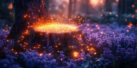 Enchanted Forest: Glowing Tree Stump in Lavender Meadow