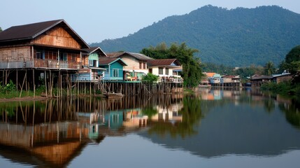 Fototapeta premium Riverside village with mountain view