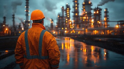 Male worker in gear observing industrial refinery at night with lights reflected on water