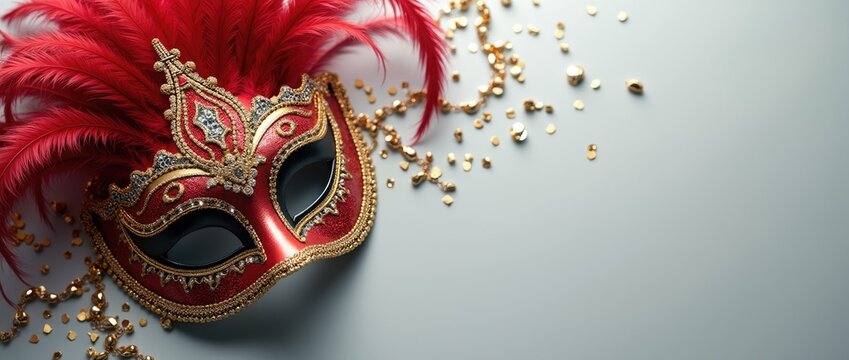 Banner carnival concept: carnival mask with red and gold feathers on light background.