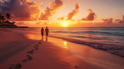 Fototapeta premium A couple strolls along the sandy beach at sunset, hand in hand, surrounded by the tranquil ocean and vibrant clouds, celebrating Valentine's Day with love and connection