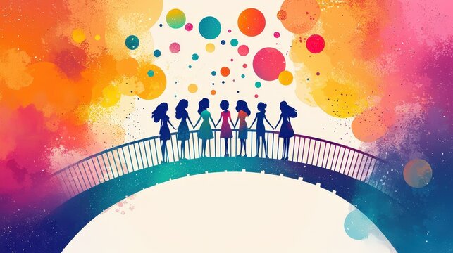 Diverse women building a glowing bridge of equality