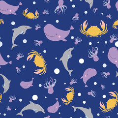 Obraz premium Sealife Cute Animals Vector Seamless Pattern