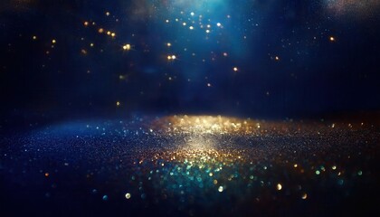 Obraz premium ethereal cosmic glitter scene with golden light reflections and bokeh effect on a deep blue background for fantasy or festive design