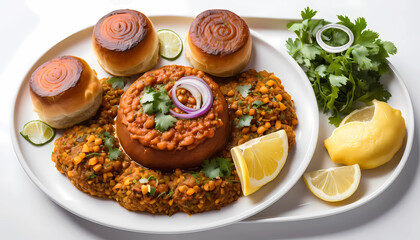 A beautifully arranged pav bhaji platter, featuring steaming hot bhaji with vibrant colors, crispy golden-brown pav rolls, and sides of lemon wedges and fresh onions, with all elements on a sleek