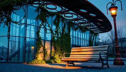 A_icon_of_In_an_ethereal_twilight,_a_contemporary_glass_and_steel_edifice_emerges,_its_sleek_silhouette_casting_long_shadows_upon_the Generative AI