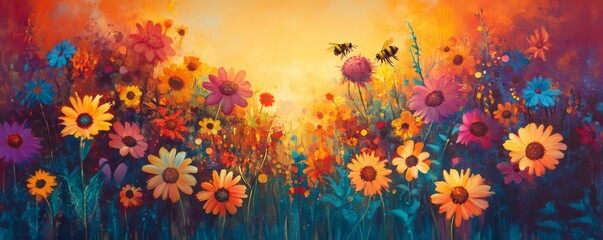Bees pollinating colorful flowers in a vibrant natural setting during golden hour