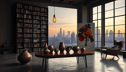 A_icon_of_In_an_ethereal_twilight,_a_grand,_industrial_loft_space_bathed_in_the_soft_glow_of_dusk_A_symphony_of_geometric_shapes_unfolds,_each Generative AI