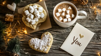 Fototapeta premium Delicious heart-shaped cookies and a cup of hot chocolate topped with marshmallows are beautifully arranged to celebrate San Valentine's Day. Warm lights add a cozy touch to the setting