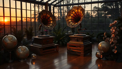 A_icon_of_In_an_ethereal_twilight,_a_meticulously_arranged_tableau_unfolds_within_a_serene,_glass-enclosed_conservatory_The_setting_sun Generative AI