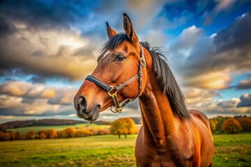 Fototapeta premium Brown Horse Stud Portrait, Rule of Thirds, Meadow, Autumn