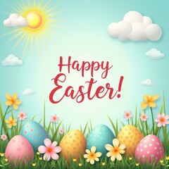 A cheerful Easter merchandising banner with pastel-colored eggs, spring flowers, and a &lsquo;Happy Easter!&rsquo; text