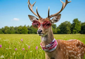 Fototapete Rund Fashionable deer wearing sunglasses and scarf in summer meadow © IbragimovN