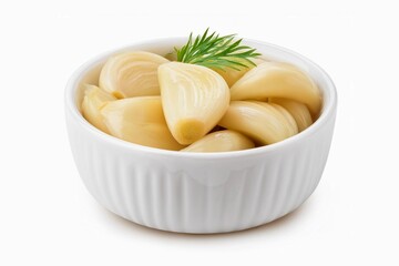 Pickles garlic in white bowl isolated on white background with clipping path and full depth of field