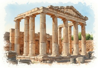 Obraz premium Ancient greek temple ruins in watercolor style with historic columns and weathered stone