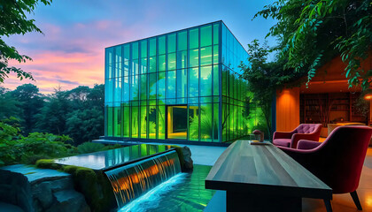 A_icon_of_In_an_ethereal_twilight,_a_modern_glass_edifice,_shimmering_with_emerald_transparency,_stands_amidst_a_tranquil,_verdant_grove Generative AI