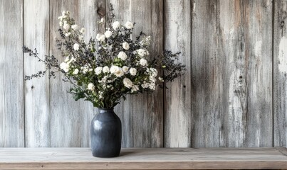 Fototapeta premium Black and white flower arrangement in a vase on a simple wooden table, farmhouse style, floral design