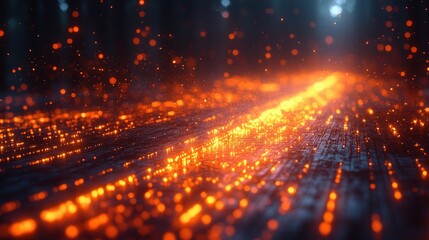 Obraz premium Glowing particles trail in dark space with light flares