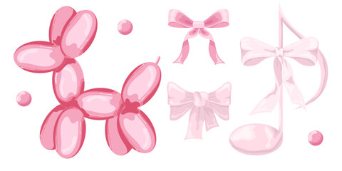 Vector Illustration of pink girly vintage bow, note and balloon dog set. Ribbons isolated. Trendy girls accessories. Cute hairstyle elements collection
