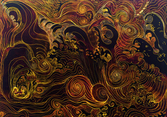 Golden waves, abstract colored drawing. The dabbing technique near the edges gives a soft focus effect due to the altered surface roughness of the paper.