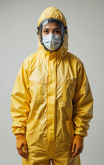 woman wear hazmat suit simple background
