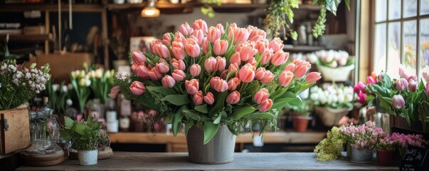 Beautiful bouquet of pink tulips arranged with care in a floral shop setting
