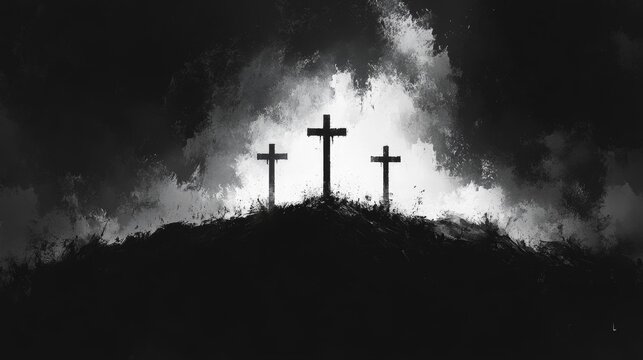 Silhouetted Crosses on a Dramatic Hilltop. Generative AI