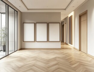 Fototapeta premium Modern interior with wooden frames and light wood flooring.