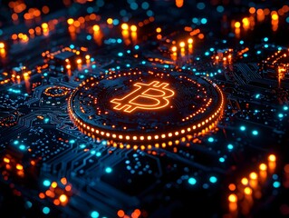 Glowing Blockchain Coin Floating Above Illuminated Circuit Network