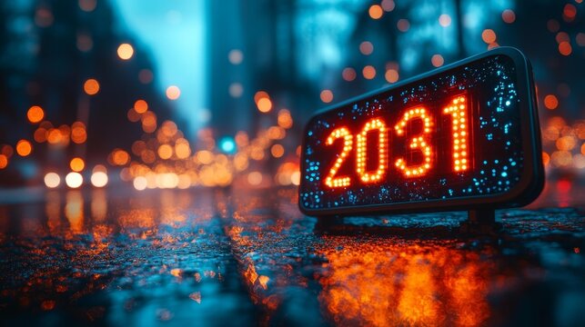 Futuristic Neon Digital Clock Displaying 2031. Generative AI