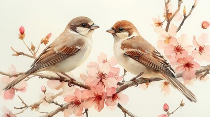 Watercolor Sparrows on Blossoming Cherry Branches. Generative AI