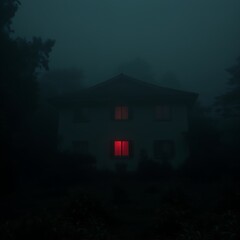 Haunting Red Glow This chilling image of a house in the dark, illuminated by a single, intense red window, creates an atmosphere of mystery and suspense. It's perfect for projects that need to evoke a