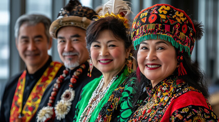 Fototapeta premium Diverse Nationalities in Traditional Costumes Smiling Together