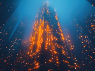 Fototapeta premium Glowing skyscraper in foggy city at night