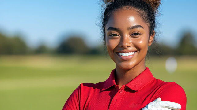 Afro golfer woman exercise at green grass field at golf driving range