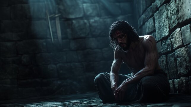 A solemn scene depicting the martyrdom of John the Baptist in the dimly lit prison chamber.