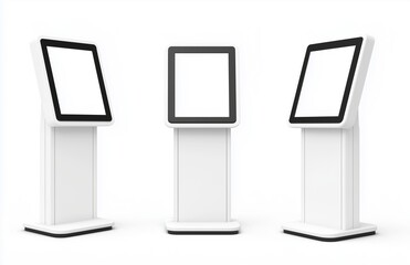 Three digital kiosk stands, blank screens, white background, varied angles.