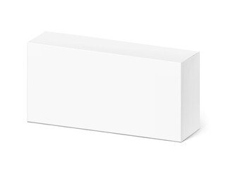 Fototapeta premium Realistic white closed paperboard box mockup. Vector illustration isolated on white background. Taking your 2D designs into 3D. Can be use for medicine, food, cosmetic and other. EPS10.