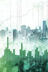 Obraz premium Background of a stock market bar graph, with a cityscape at the back in a white and green color scheme