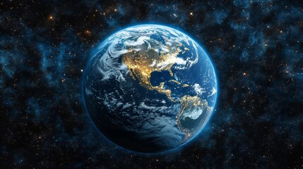 Fototapeta premium Nighttime view of Earth with city lights and cosmic stars. Generative AI